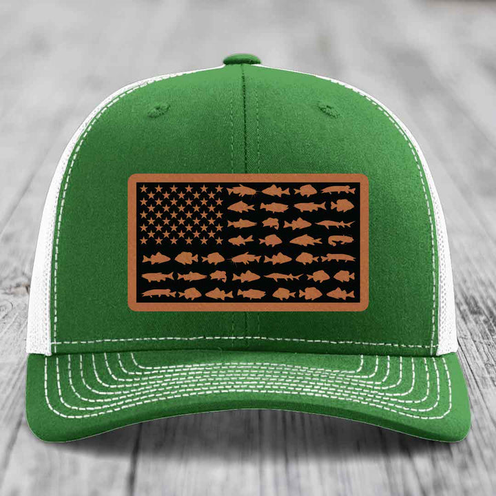 American Flag Freshwater Fish - Leather Patch Hat - Rawhide to Black Patch - Richardson 112 Snapback Trucker Hat