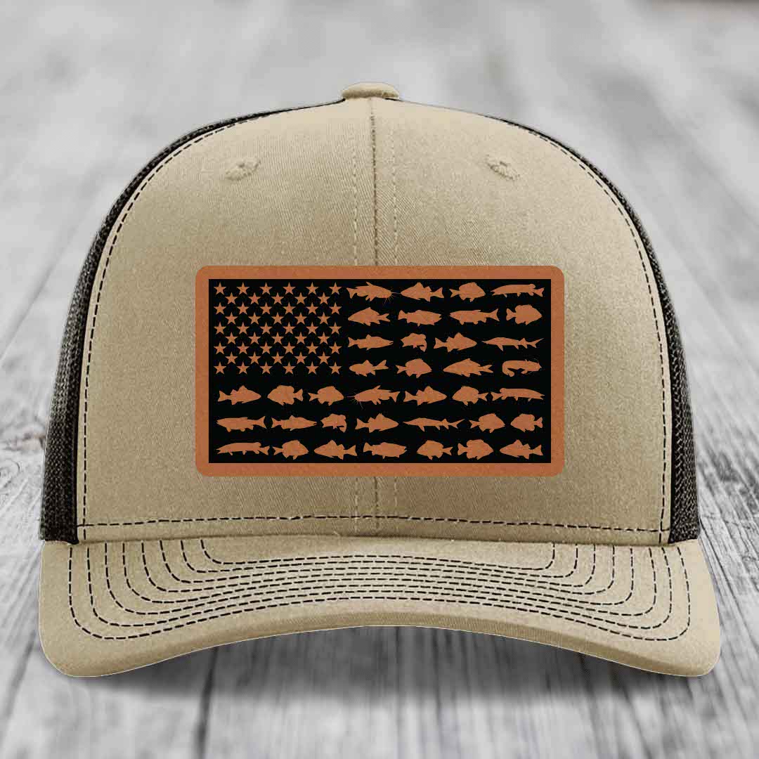 American Flag Freshwater Fish - Leather Patch Hat - Rawhide to Black Patch - Richardson 112 Snapback Trucker Hat