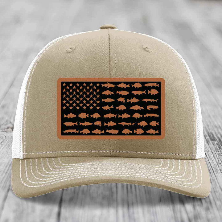 American Flag Freshwater Fish - Leather Patch Hat - Rawhide to Black Patch - Richardson 112 Snapback Trucker Hat