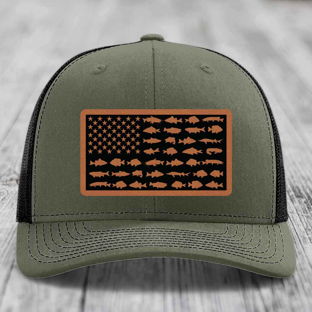 American Flag Freshwater Fish - Leather Patch Hat - Rawhide to Black Patch - Richardson 112 Snapback Trucker Hat