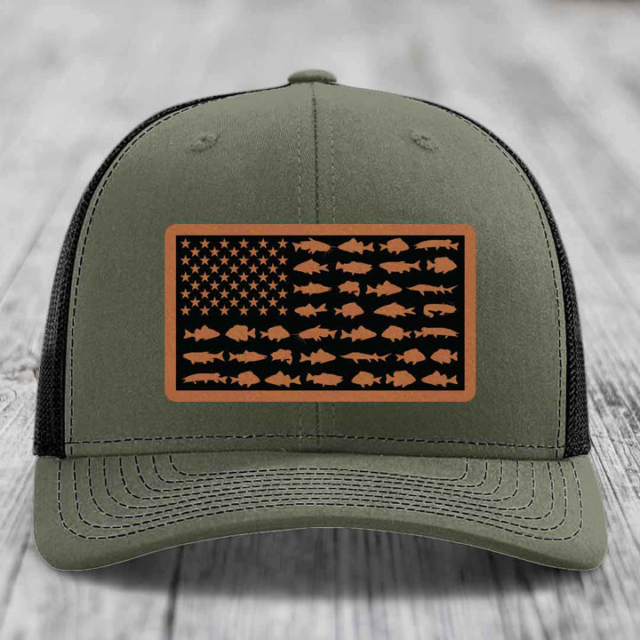 American Flag Freshwater Fish - Leather Patch Hat - Rawhide to Black Patch - Richardson 112 Snapback Trucker Hat