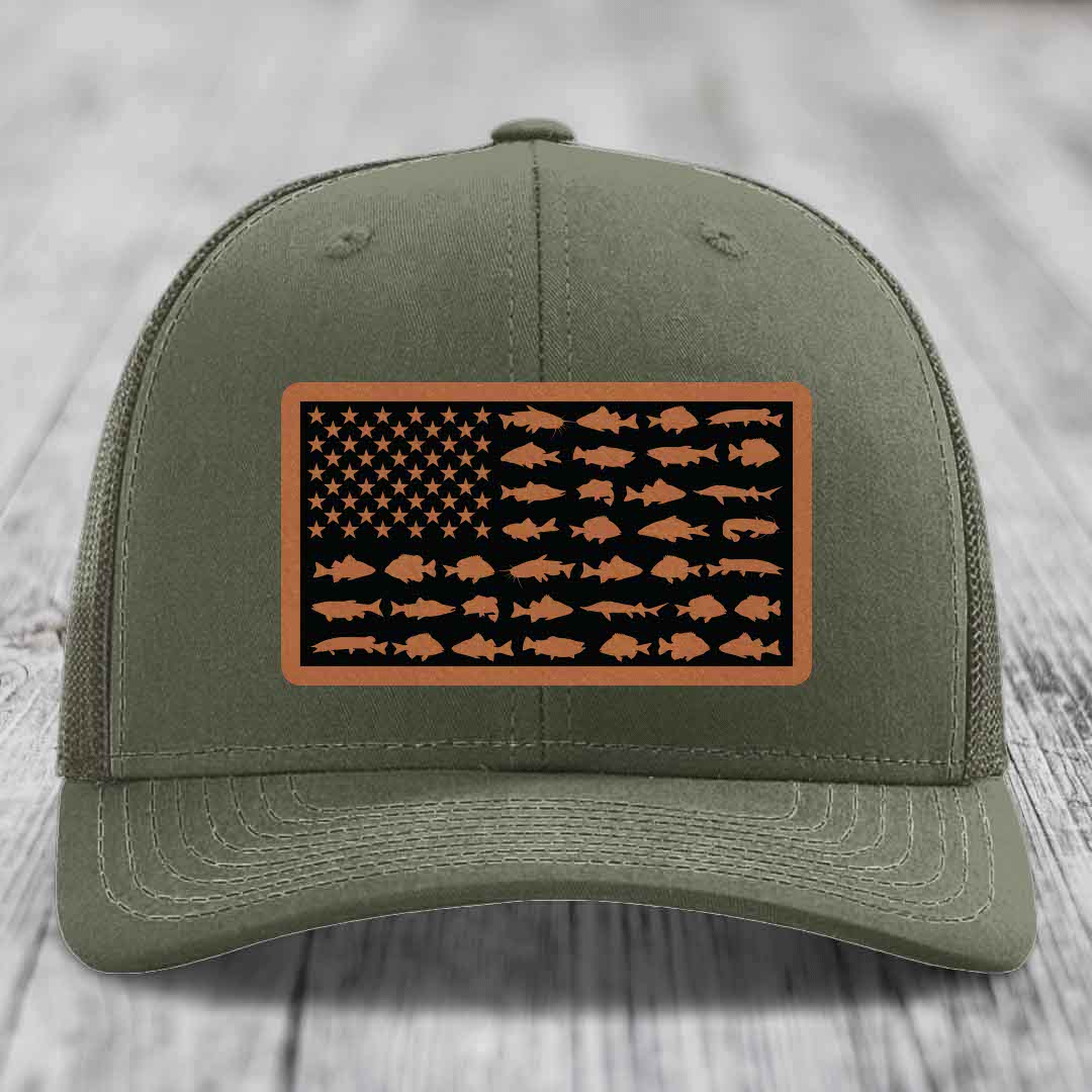 American Flag Freshwater Fish - Leather Patch Hat - Rawhide to Black Patch - Richardson 112 Snapback Trucker Hat