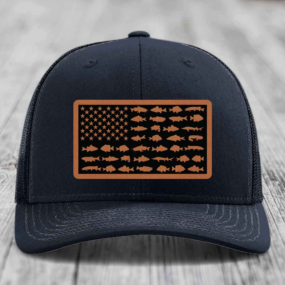 American Flag Freshwater Fish - Leather Patch Hat - Rawhide to Black Patch - Richardson 112 Snapback Trucker Hat