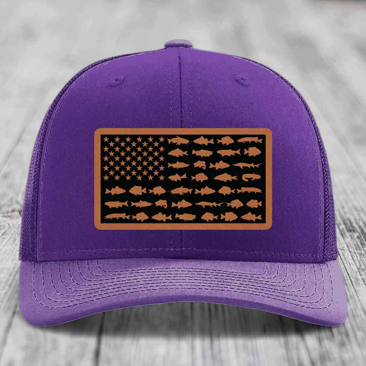 American Flag Freshwater Fish - Leather Patch Hat - Rawhide to Black Patch - Richardson 112 Snapback Trucker Hat