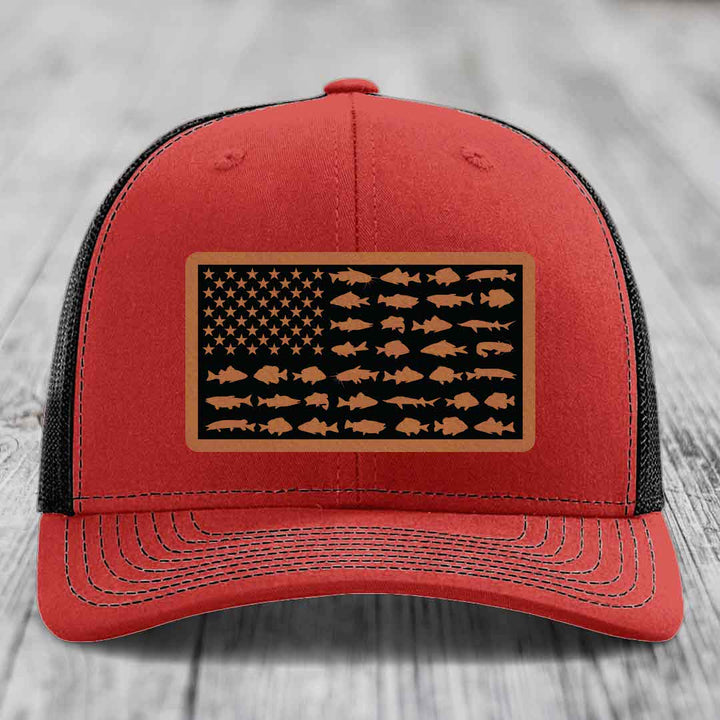 American Flag Freshwater Fish - Leather Patch Hat - Rawhide to Black Patch - Richardson 112 Snapback Trucker Hat