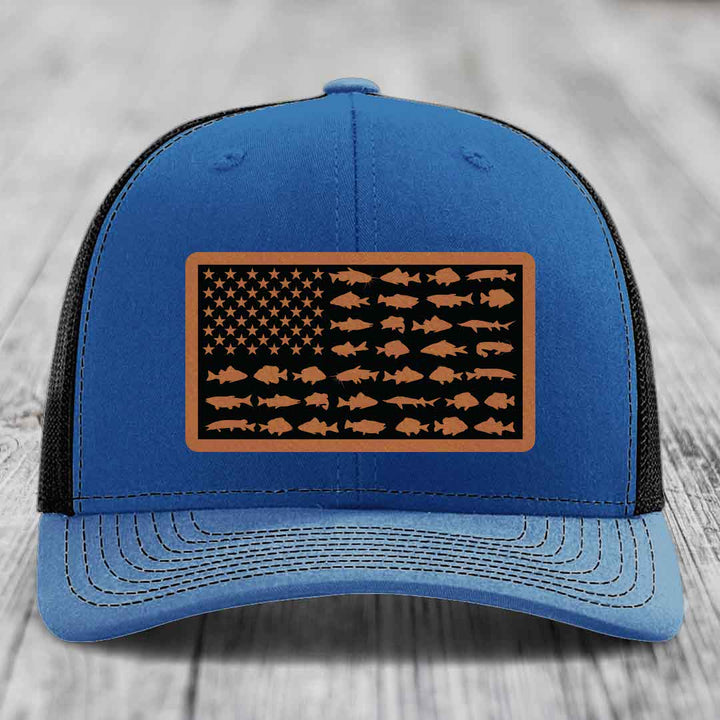 American Flag Freshwater Fish - Leather Patch Hat - Rawhide to Black Patch - Richardson 112 Snapback Trucker Hat