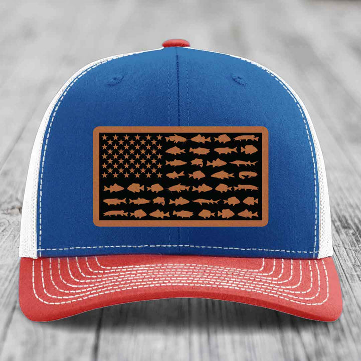 American Flag Freshwater Fish - Leather Patch Hat - Rawhide to Black Patch - Richardson 112 Snapback Trucker Hat