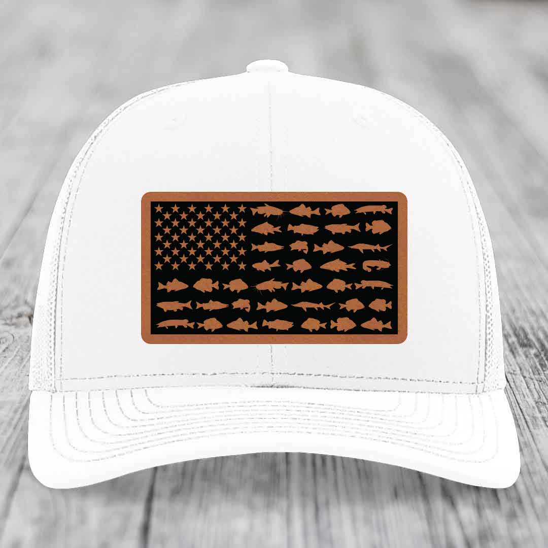 American Flag Freshwater Fish - Leather Patch Hat - Rawhide to Black Patch - Richardson 112 Snapback Trucker Hat
