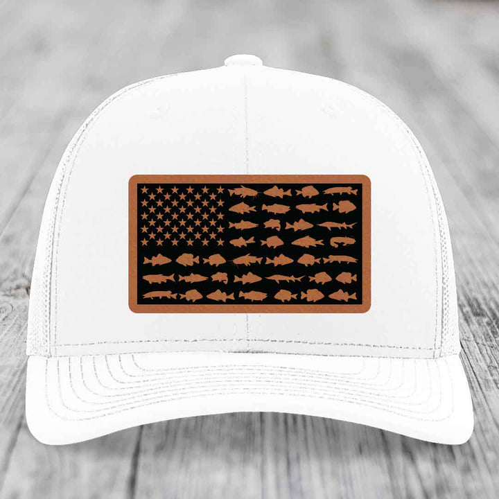 American Flag Freshwater Fish - Leather Patch Hat - Rawhide to Black Patch - Richardson 112 Snapback Trucker Hat