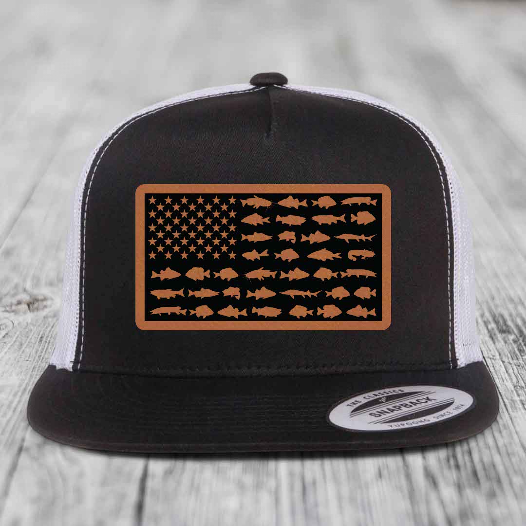 American Flag Freshwater Fish - Leather Patch Hat - Rawhide to Black Patch - Yupoong 6006 Snapback Flatbill Hat