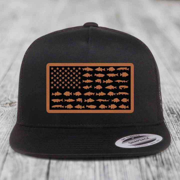 American Flag Freshwater Fish - Leather Patch Hat - Rawhide to Black Patch - Yupoong 6006 Snapback Flatbill Hat