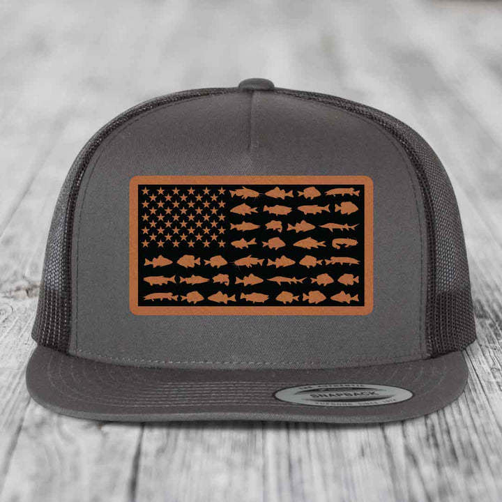 American Flag Freshwater Fish - Leather Patch Hat - Rawhide to Black Patch - Yupoong 6006 Snapback Flatbill Hat