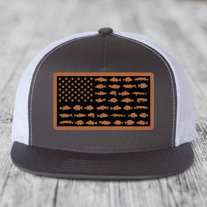American Flag Freshwater Fish - Leather Patch Hat - Rawhide to Black Patch - Yupoong 6006 Snapback Flatbill Hat
