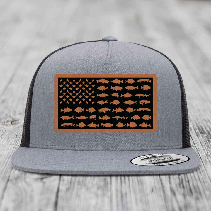 American Flag Freshwater Fish - Leather Patch Hat - Rawhide to Black Patch - Yupoong 6006 Snapback Flatbill Hat