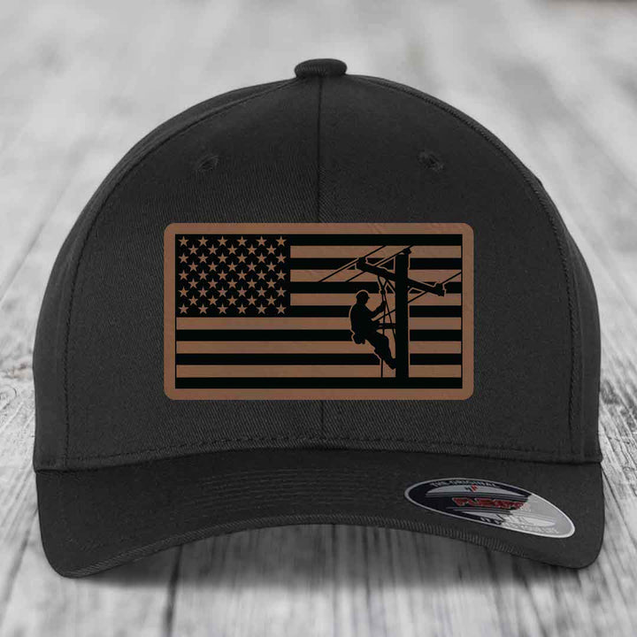 American Flag Lineman - Leather Patch Hat - Dark Brown to Black Patch - Flexfit 6277 Fitted Hat