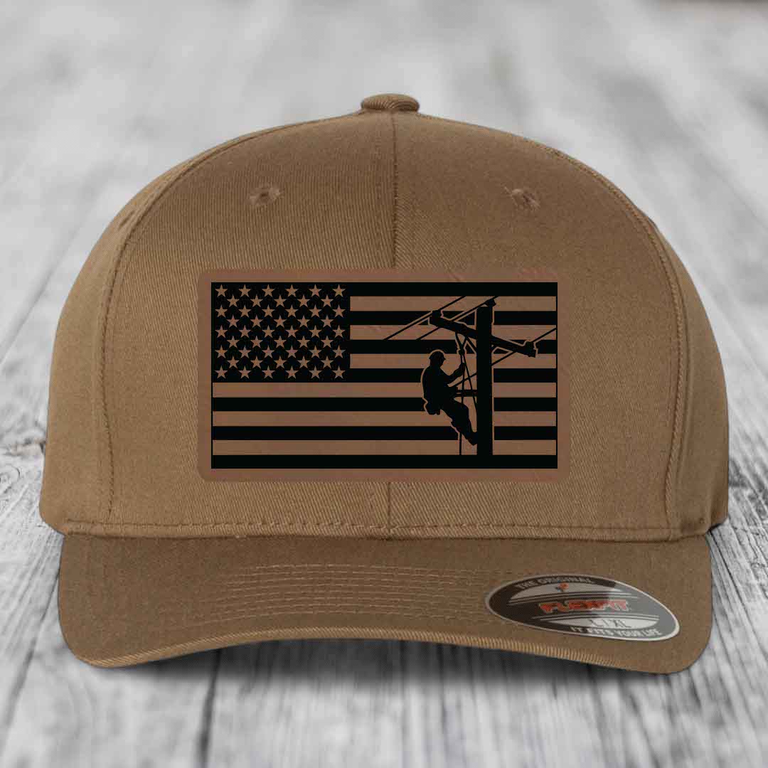 American Flag Lineman - Leather Patch Hat - Dark Brown to Black Patch - Flexfit 6277 Fitted Hat