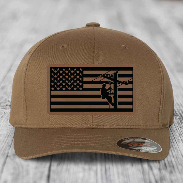 American Flag Lineman - Leather Patch Hat - Dark Brown to Black Patch - Flexfit 6277 Fitted Hat