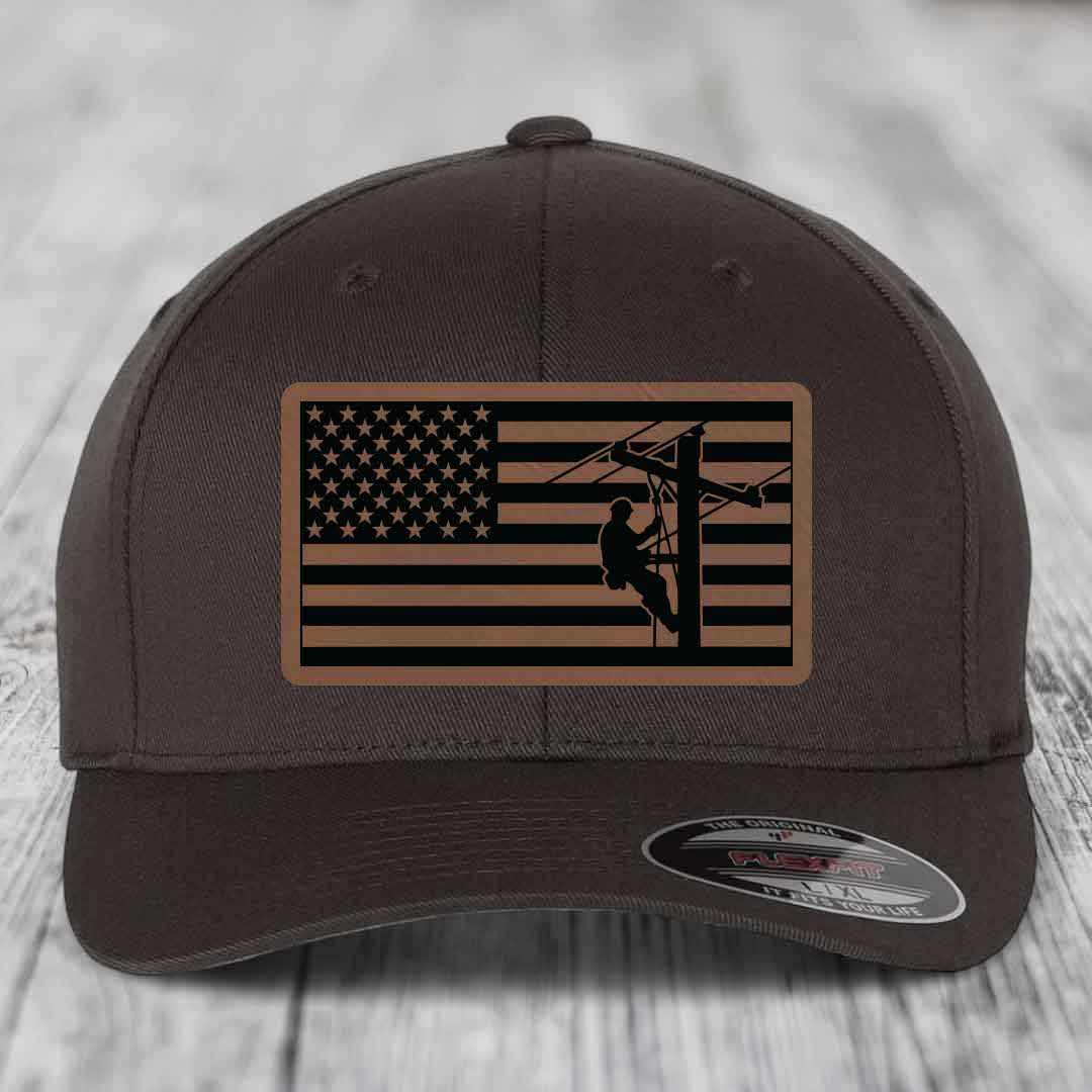 American Flag Lineman - Leather Patch Hat - Dark Brown to Black Patch - Flexfit 6277 Fitted Hat