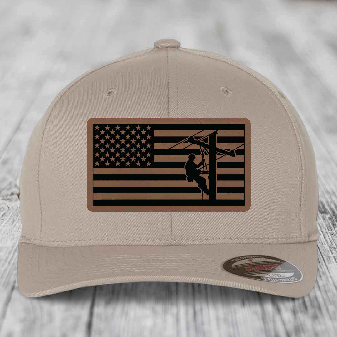 American Flag Lineman - Leather Patch Hat - Dark Brown to Black Patch - Flexfit 6277 Fitted Hat