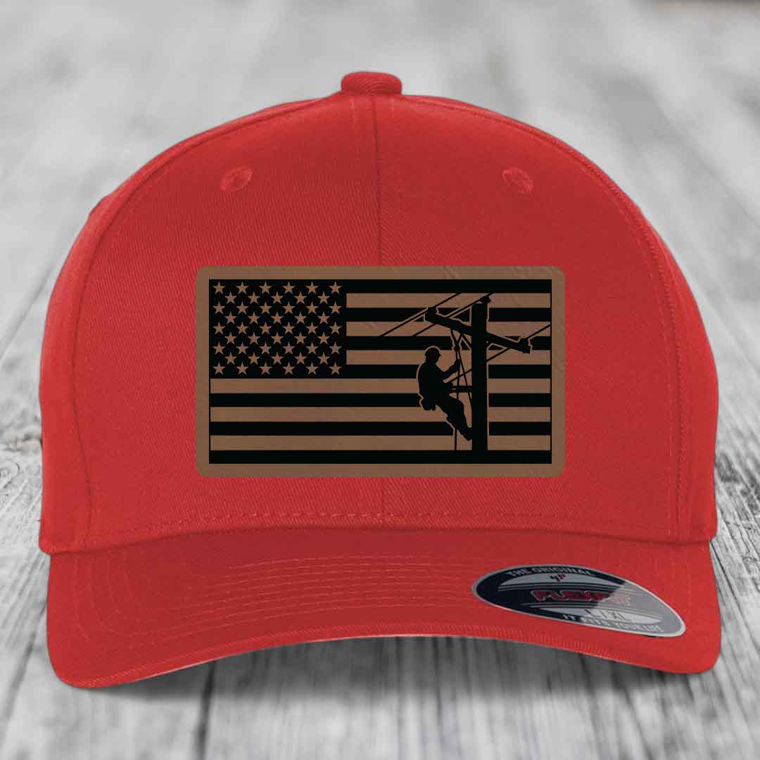 American Flag Lineman - Leather Patch Hat - Dark Brown to Black Patch - Flexfit 6277 Fitted Hat