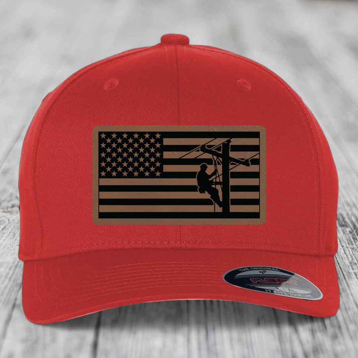 American Flag Lineman - Leather Patch Hat - Dark Brown to Black Patch - Flexfit 6277 Fitted Hat