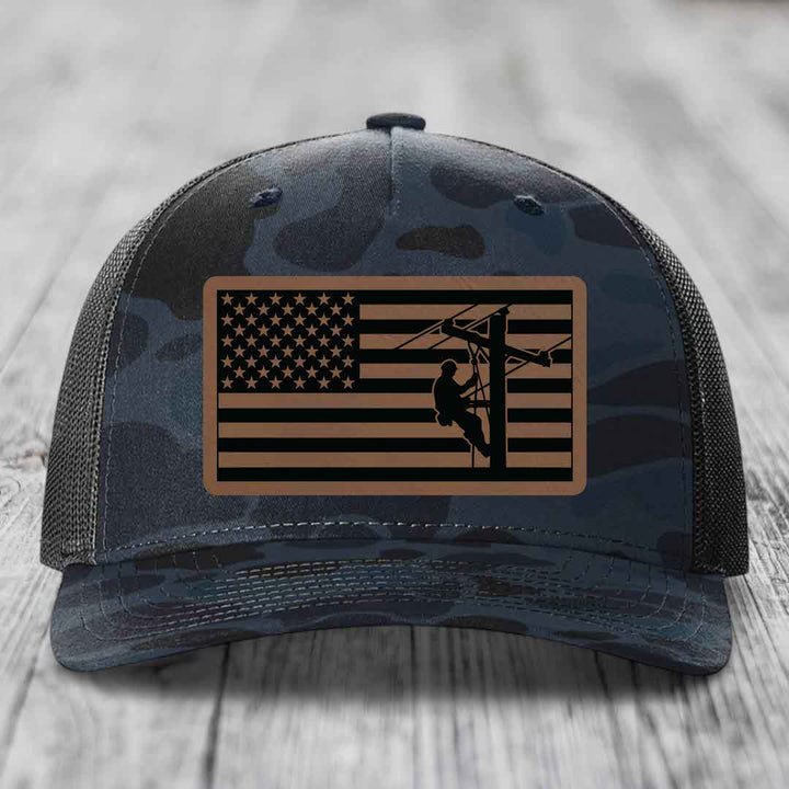American Flag Lineman - Leather Patch Hat - Dark Brown to Black Patch - Richardson 112PFP Snapback Trucker Hat