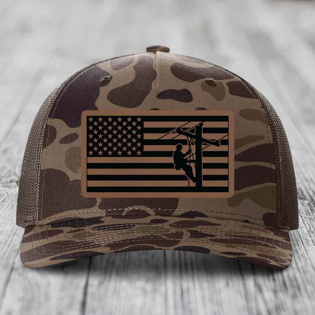 American Flag Lineman - Leather Patch Hat - Dark Brown to Black Patch - Richardson 112PFP Snapback Trucker Hat