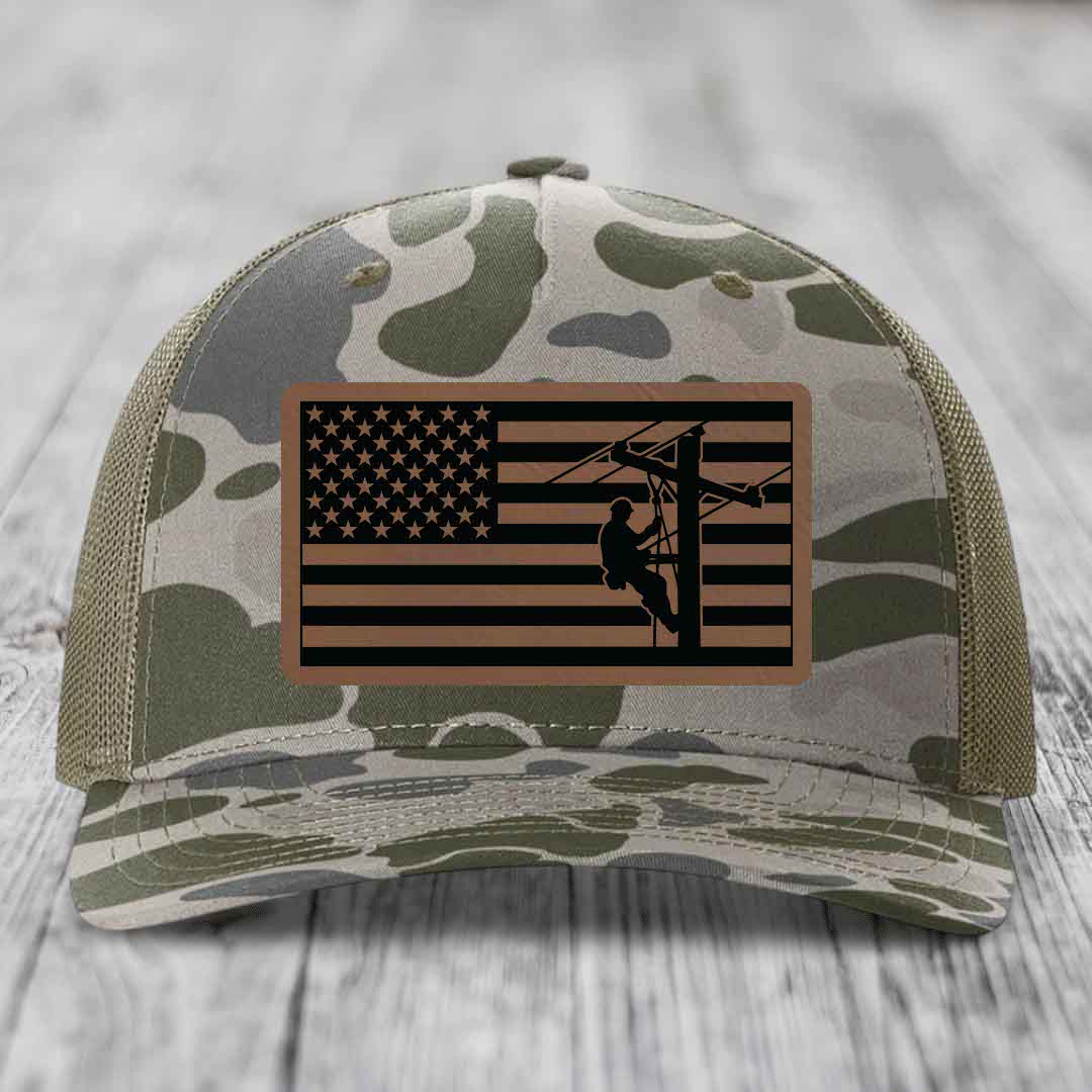 American Flag Lineman - Leather Patch Hat - Dark Brown to Black Patch - Richardson 112PFP Snapback Trucker Hat