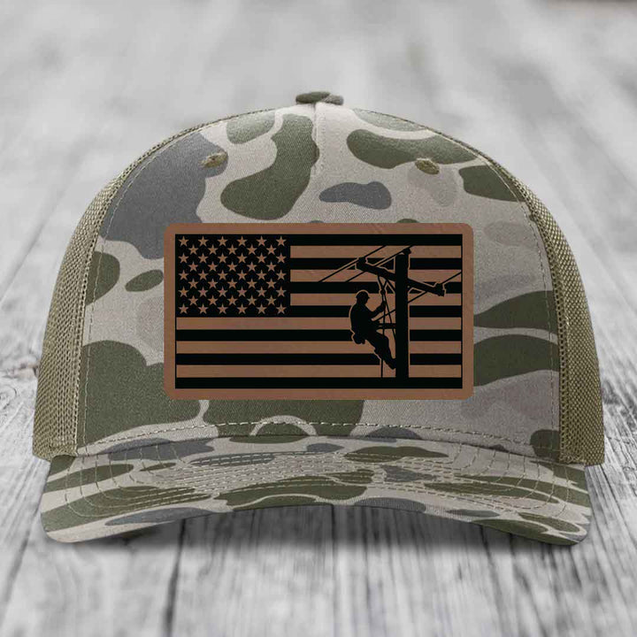 American Flag Lineman - Leather Patch Hat - Dark Brown to Black Patch - Richardson 112PFP Snapback Trucker Hat