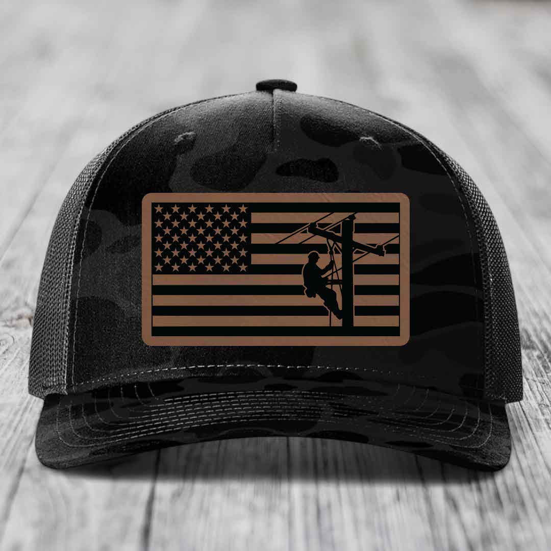American Flag Lineman - Leather Patch Hat - Dark Brown to Black Patch - Richardson 112PFP Snapback Trucker Hat
