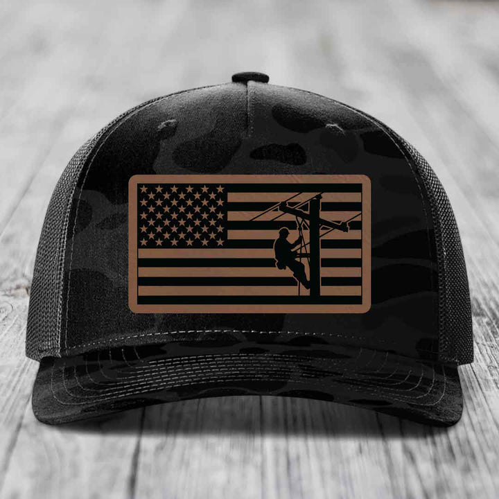 American Flag Lineman - Leather Patch Hat - Dark Brown to Black Patch - Richardson 112PFP Snapback Trucker Hat