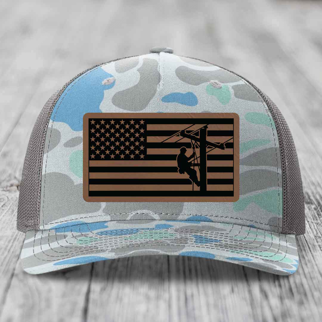 American Flag Lineman - Leather Patch Hat - Dark Brown to Black Patch - Richardson 112PFP Snapback Trucker Hat