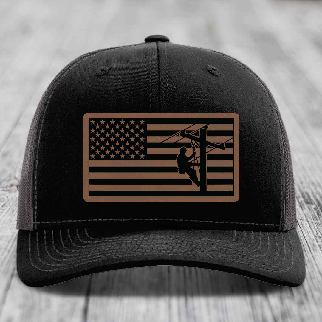 American Flag Lineman - Leather Patch Hat - Dark Brown to Black Patch - Richardson 112 Snapback Trucker Hat