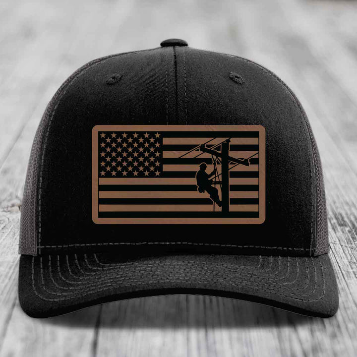 American Flag Lineman - Leather Patch Hat - Dark Brown to Black Patch - Richardson 112 Snapback Trucker Hat