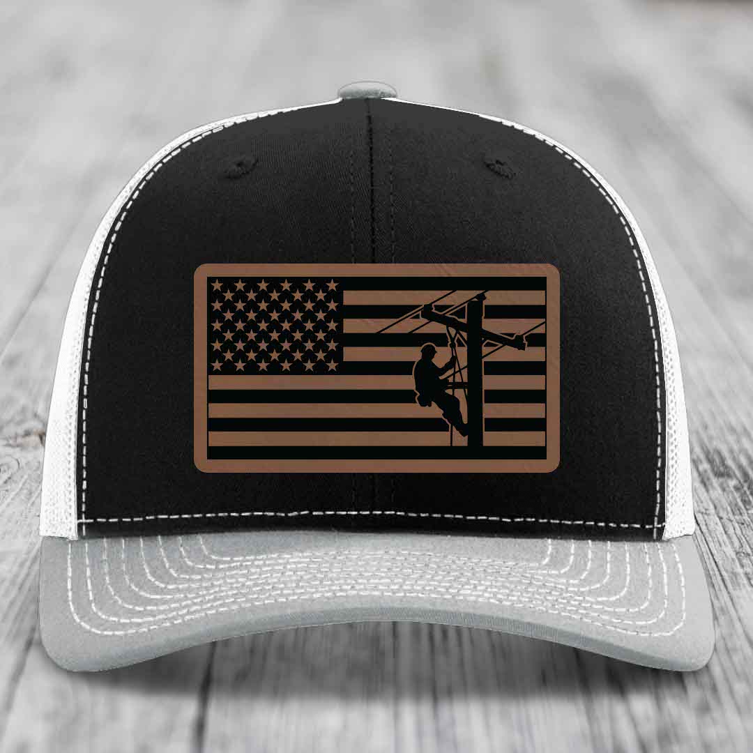 American Flag Lineman - Leather Patch Hat - Dark Brown to Black Patch - Richardson 112 Snapback Trucker Hat