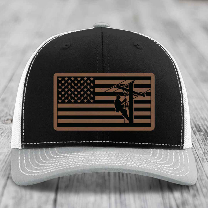 American Flag Lineman - Leather Patch Hat - Dark Brown to Black Patch - Richardson 112 Snapback Trucker Hat