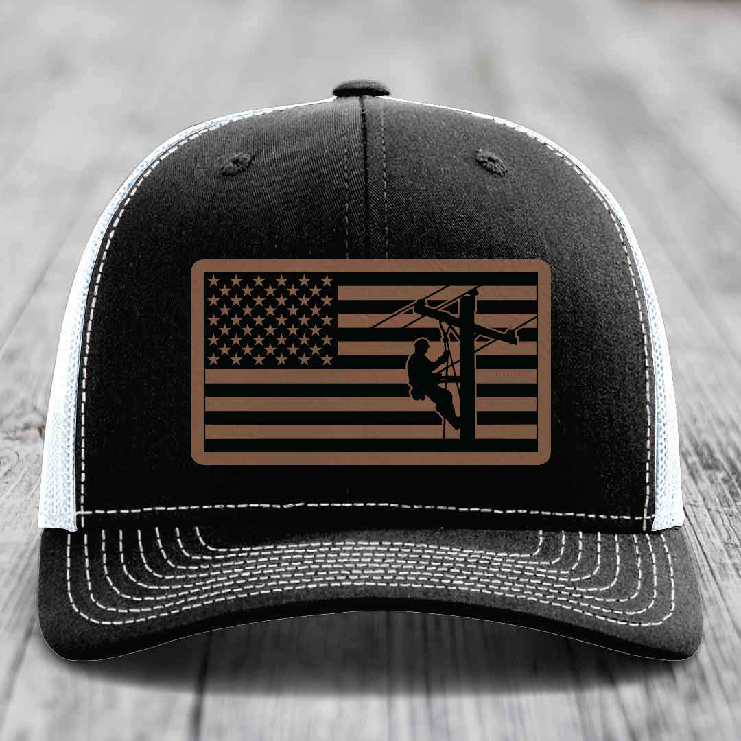 American Flag Lineman - Leather Patch Hat - Dark Brown to Black Patch - Richardson 112 Snapback Trucker Hat