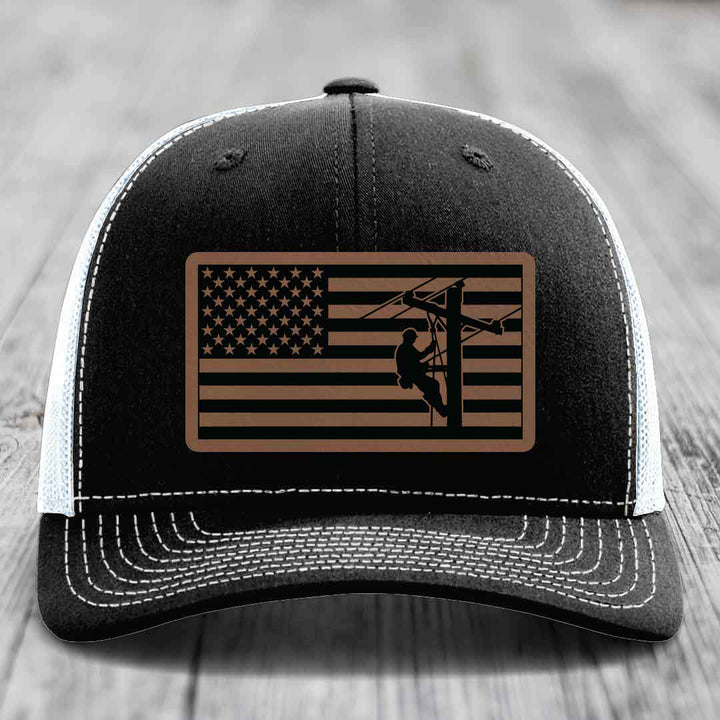 American Flag Lineman - Leather Patch Hat - Dark Brown to Black Patch - Richardson 112 Snapback Trucker Hat