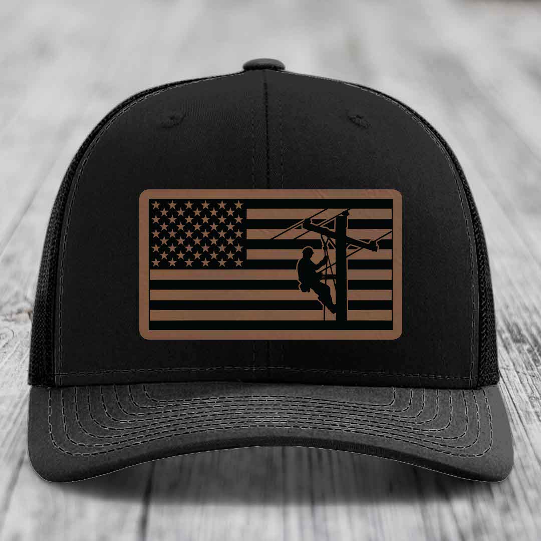 American Flag Lineman - Leather Patch Hat - Dark Brown to Black Patch - Richardson 112 Snapback Trucker Hat