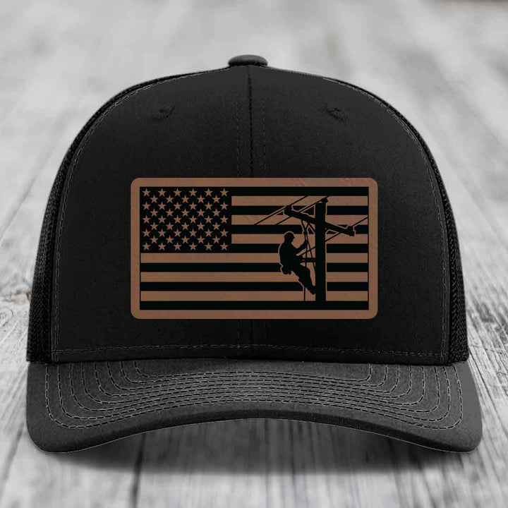 American Flag Lineman - Leather Patch Hat - Dark Brown to Black Patch - Richardson 112 Snapback Trucker Hat