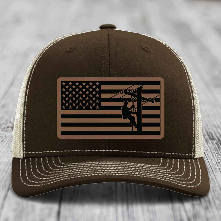 American Flag Lineman - Leather Patch Hat - Dark Brown to Black Patch - Richardson 112 Snapback Trucker Hat