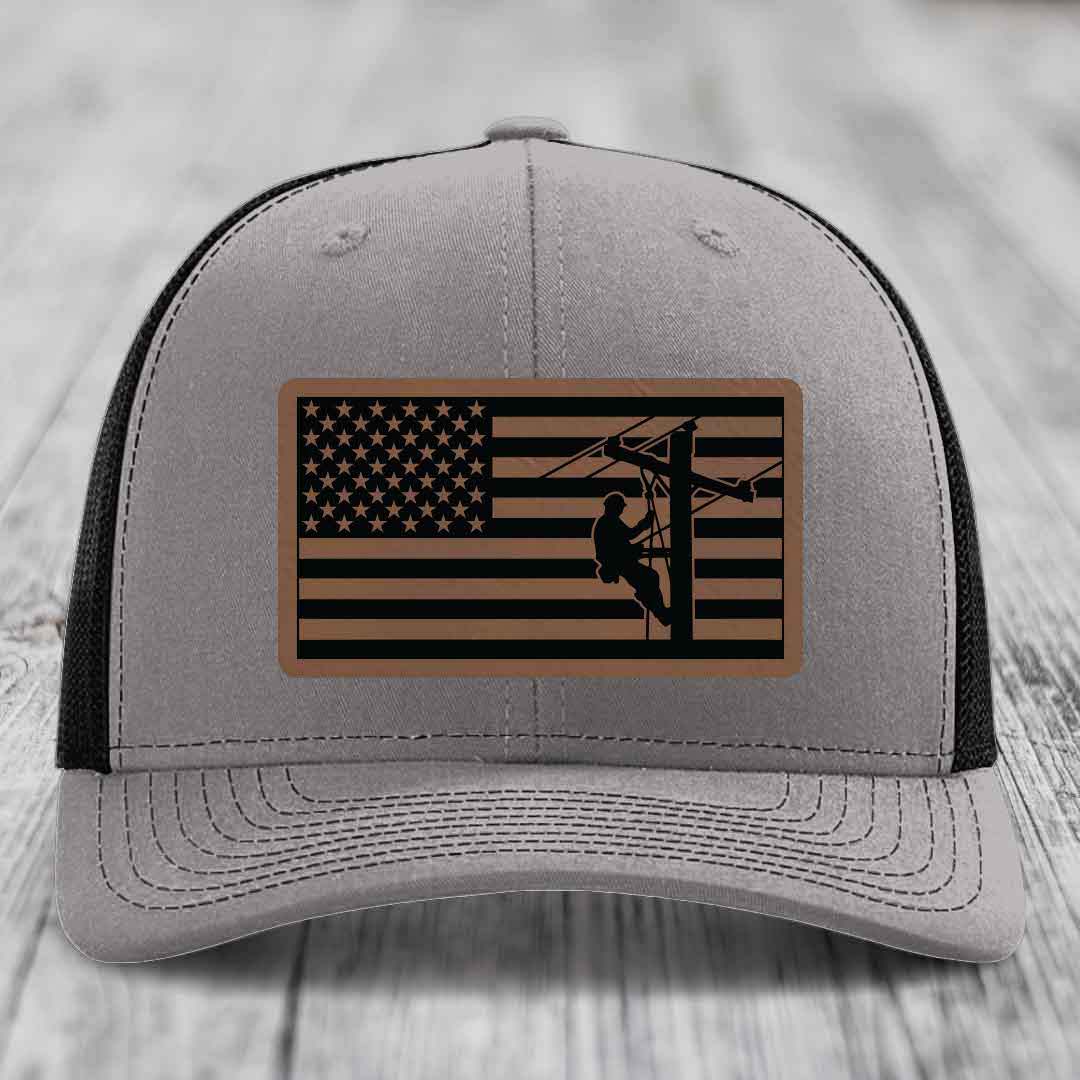 American Flag Lineman - Leather Patch Hat - Dark Brown to Black Patch - Richardson 112 Snapback Trucker Hat