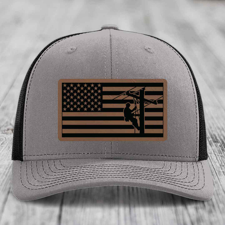 American Flag Lineman - Leather Patch Hat - Dark Brown to Black Patch - Richardson 112 Snapback Trucker Hat