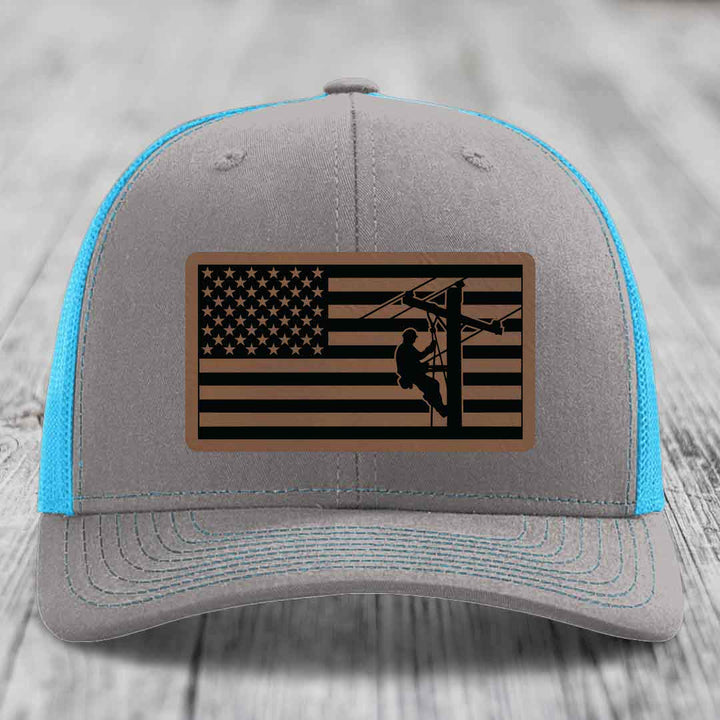 American Flag Lineman - Leather Patch Hat - Dark Brown to Black Patch - Richardson 112 Snapback Trucker Hat