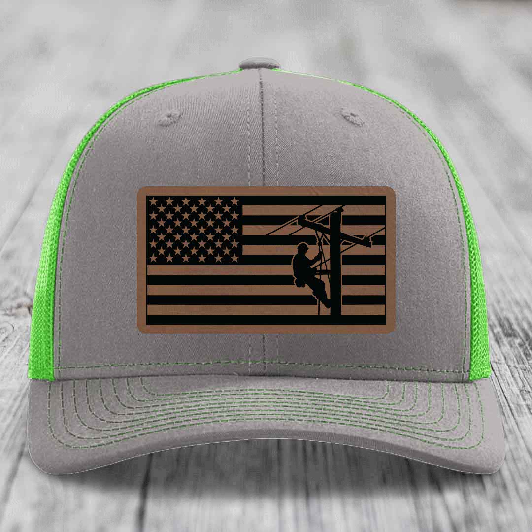 American Flag Lineman - Leather Patch Hat - Dark Brown to Black Patch - Richardson 112 Snapback Trucker Hat