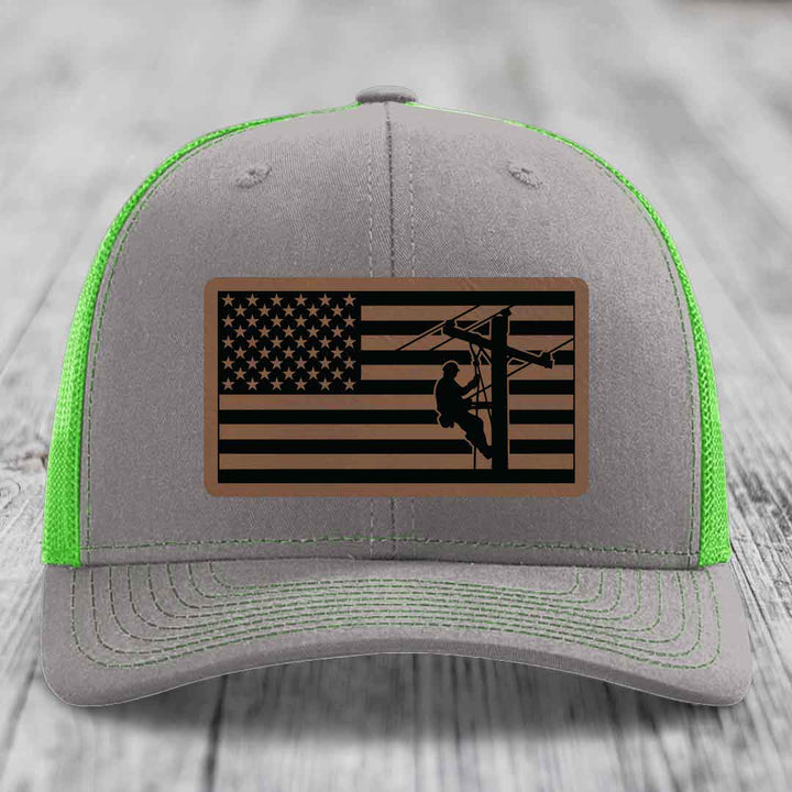 American Flag Lineman - Leather Patch Hat - Dark Brown to Black Patch - Richardson 112 Snapback Trucker Hat