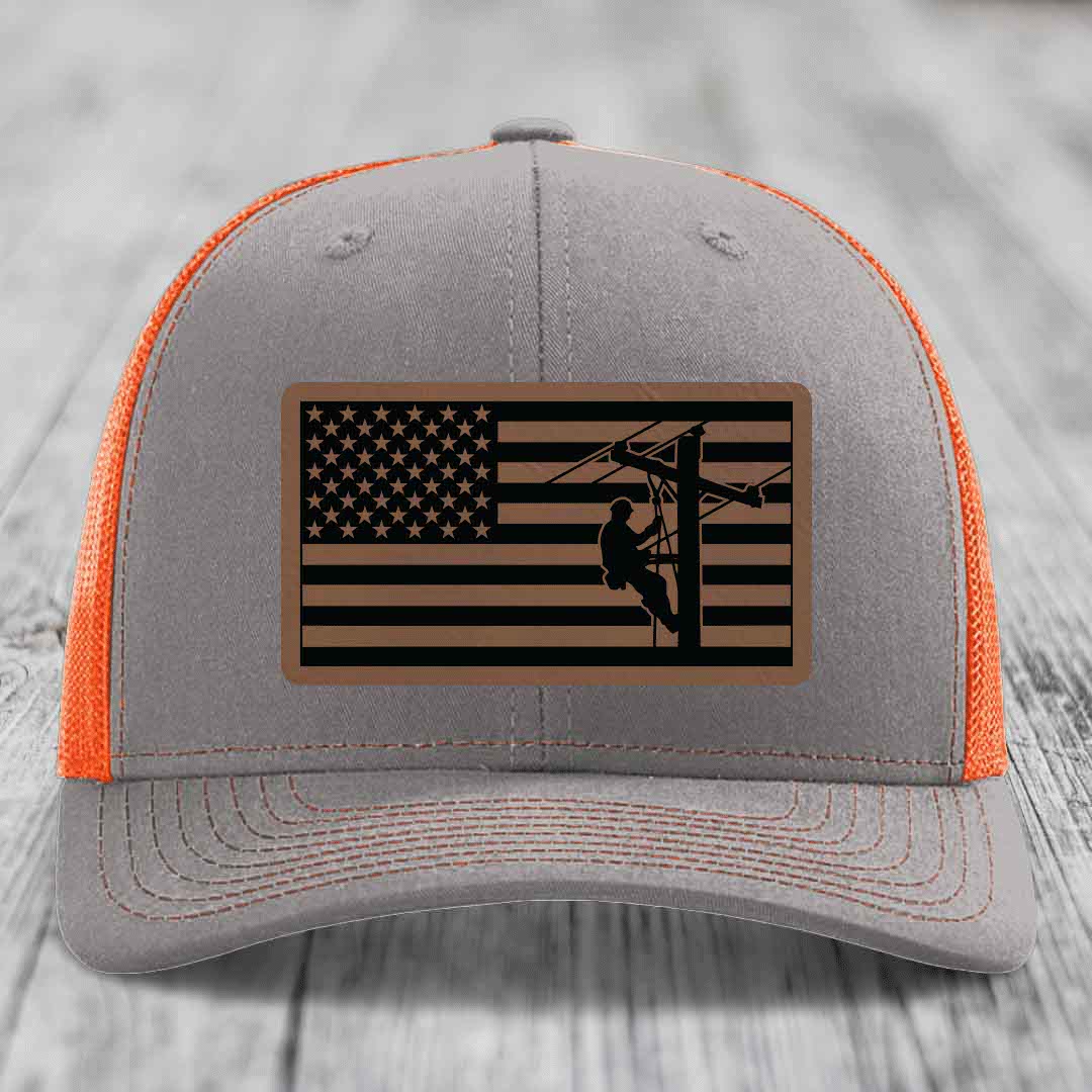 American Flag Lineman - Leather Patch Hat - Dark Brown to Black Patch - Richardson 112 Snapback Trucker Hat