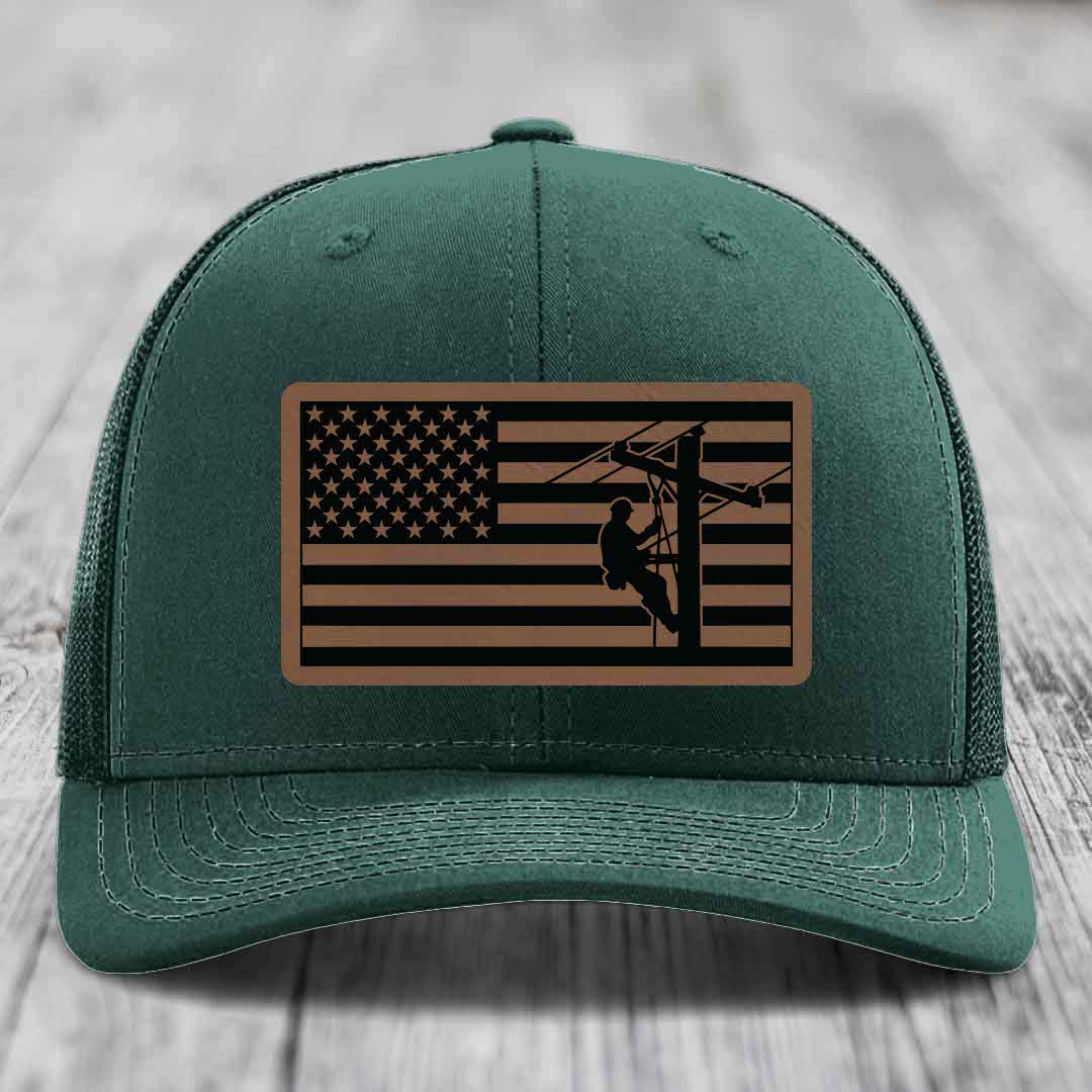 American Flag Lineman - Leather Patch Hat - Dark Brown to Black Patch - Richardson 112 Snapback Trucker Hat