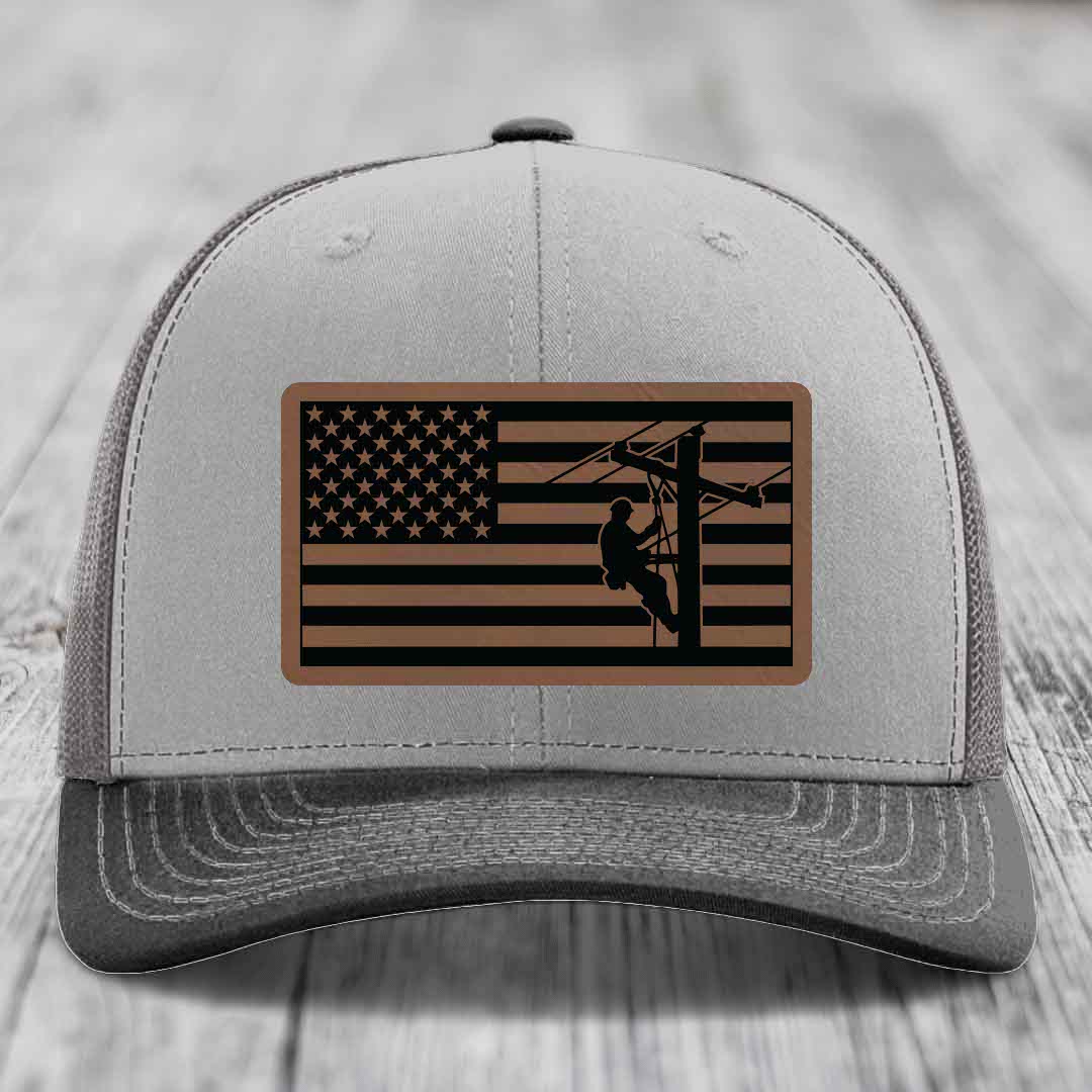 American Flag Lineman - Leather Patch Hat - Dark Brown to Black Patch - Richardson 112 Snapback Trucker Hat