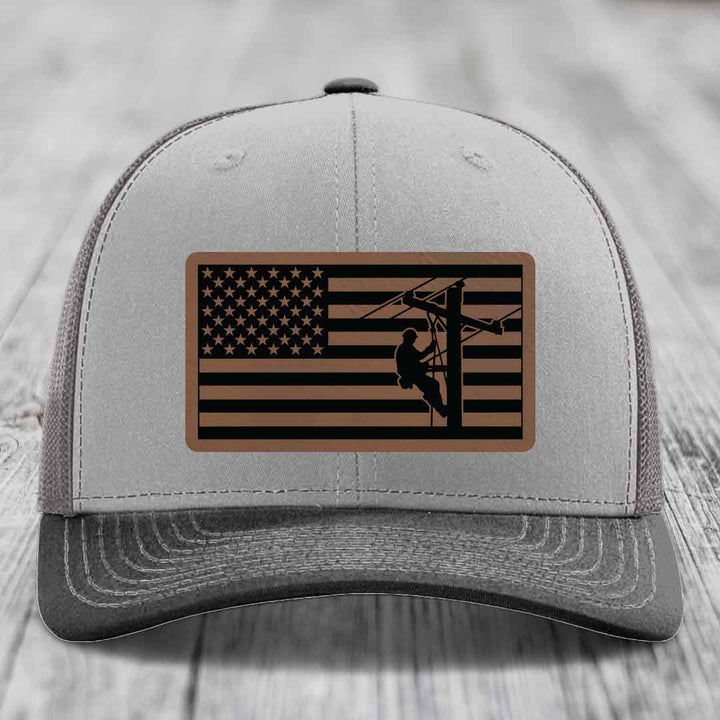 American Flag Lineman - Leather Patch Hat - Dark Brown to Black Patch - Richardson 112 Snapback Trucker Hat